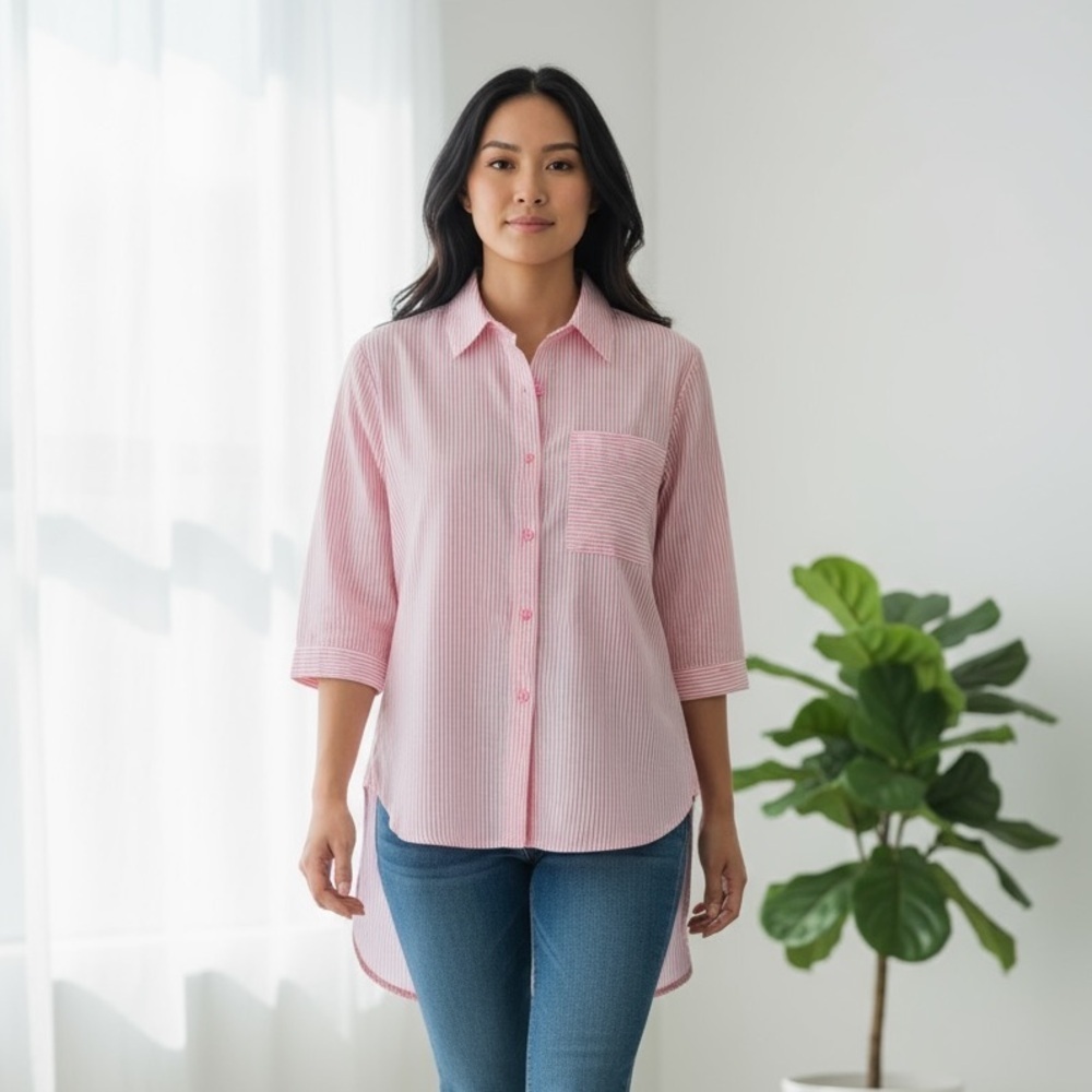 Pink Striped Button Down Shirt Size Small • High Low Hem • Casual Everyday Top